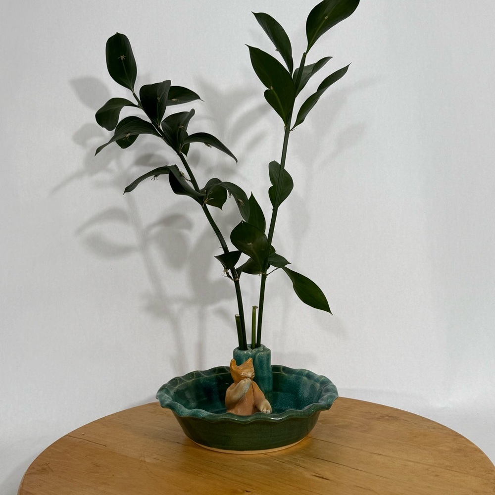 Hand Thrown Art Studio Stoneware Pottery Ikebana Vase Bowl Attached Cat Figurine